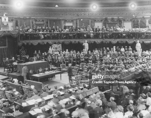 The Irish parliament, the Dail Eireann in session in the mansion house in Dublin. Irish Republican leader Eamon de Valera is in the chair.