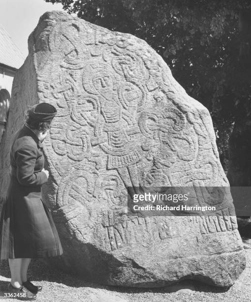 Runic stone at Jelling in Jutland erected by Harald Gormsson to proclaim his conversion of Denmark to Christianity.