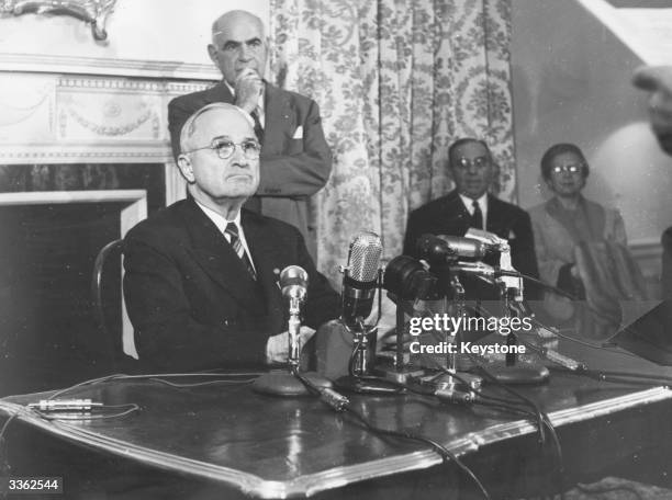 Former American President Harry S Truman at a press conference after refusing to appear before the Un-American Activities Committee to answer...