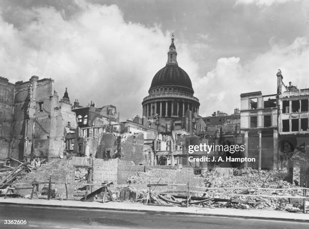 Devastated buildings around St Paul's Cathedral, London, after an air raid during the Blitz.