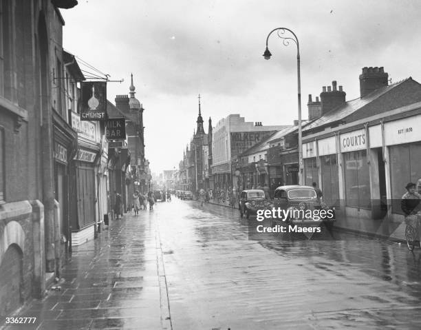 Regent Street on a rainy day in Swindon, Wiltshire.