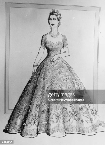 Norman Hartnell design of Queen Elizabeth's dress for the Coronation ceremony. Original Publication: Picture Post - 6540 - Under The Red Robe - pub....