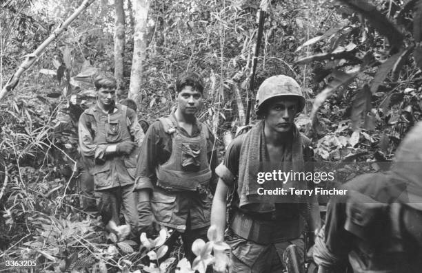 Marines on patrol in a jungle during the Vietnam war.