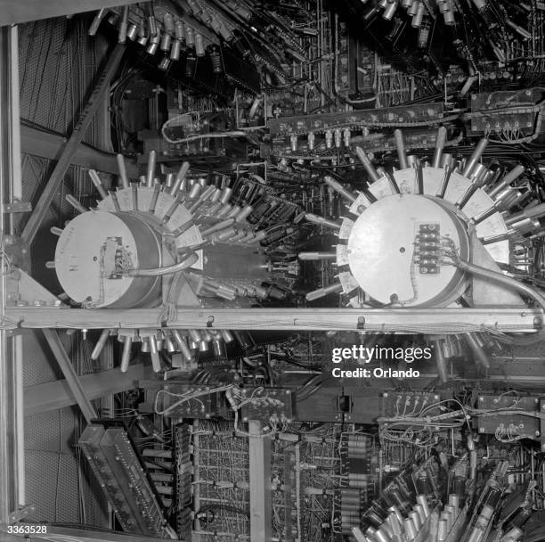 Inside the Univac system showing the tubes, condensers, transformers and wires needed to translate instructions into printed results.