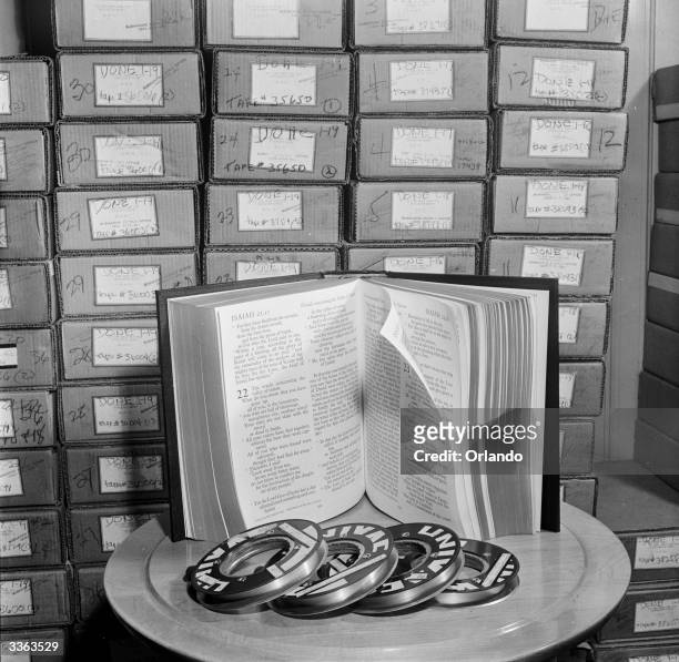 Boxes of punch cards which were made of the bible and the tapes which were made from them. These were used to check the accuracy of the Unitype tapes...