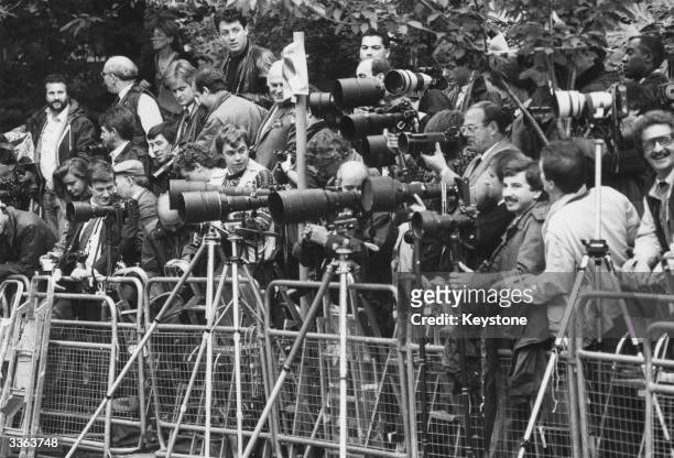 Group of cameramen wait outside Wetherby School in Notting Hill, London, for its famous pupil Prince Harry to emerge.