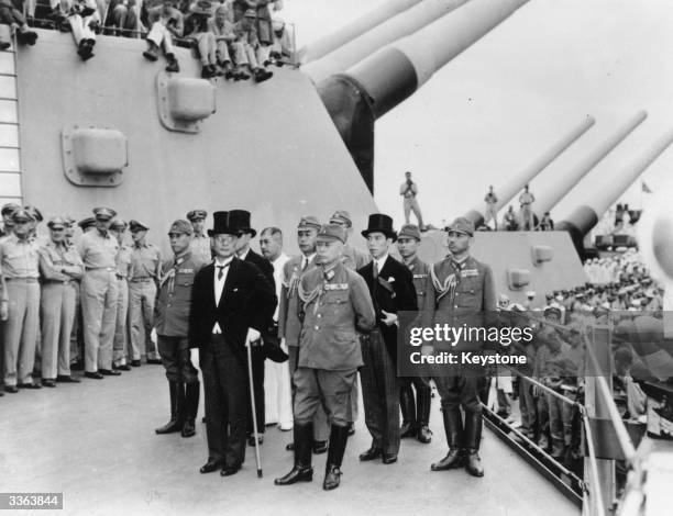 The Japanese delegation lead by Mamoru Shigemitsu and Yoshijiro Umezu arrives on board the USS Missouri in Tokyo Bay, to sign the Instrument of...
