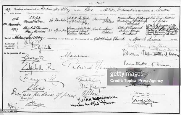 The marriage register of Princess Elizabeth and Lieutenant Philip Mountbatten, bearing the signatures of Philip and Elizabeth, the King and Queen,...