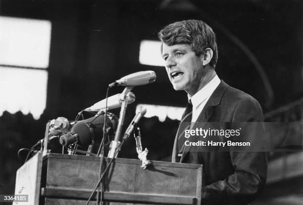 Senator Robert Kennedy speaking at an election rally.