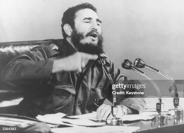 Cuban prime minister Fidel Castro speaking at a press conference.