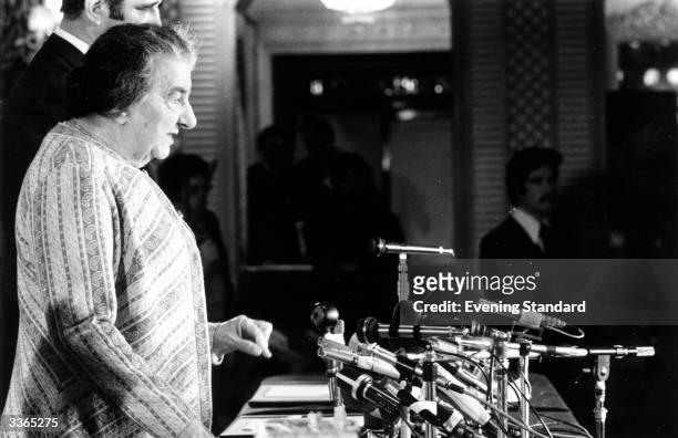 Israeli prime minister Golda Meir at her Churchill Hotel press conference.