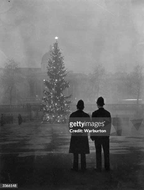 Two policemen regard London's 64ft Christmas tree, a gift from Norway, illuminated in Trafalgar Square, in front of the National Gallery.