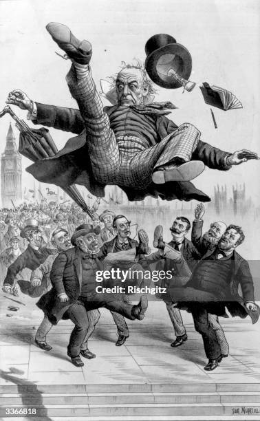 Mob kicking British prime minister William Ewart Gladstone in the air over the Home Rule Bill in a cartoon called 'Away With Him', accompanied by the...