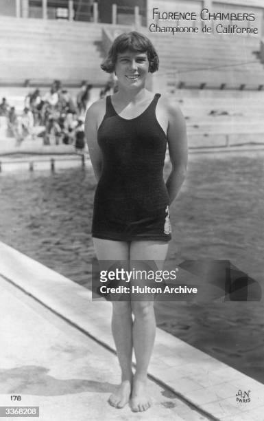 Californian champion Florence Chambers standing in her swimming costume, she was fourth in the 1924 100 metre backstroke Olympic final in Paris.