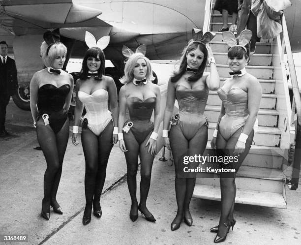 Five English 'bunny girls' arrive back in at London Airport, after six months training at the Playboy headquarters in Chicago. These girls will act...