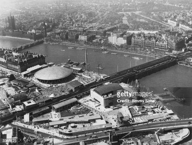 The Royal Festival Hall and other specially erected buildings at the site of the Festival of Britain on the South Bank of the River Thames, London....