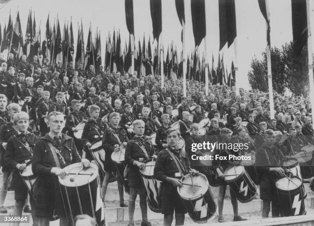 Drummers in the German Nazi youth organisation, the HitlerYouth, at a rally at Nuremberg.