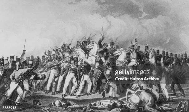 Indian soldiers of the Bengal army of the British East India Company rebelling in a battle scene during the Indian Mutiny . Original Artwork:...