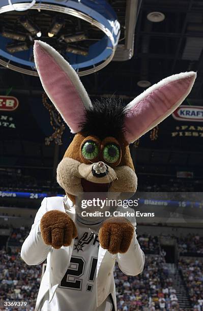 The Coyote, mascot of the San Antonio Spurs, dresses as the Easter Bunny to entertain the crowd during the game against the Portland Trail Blazers on...