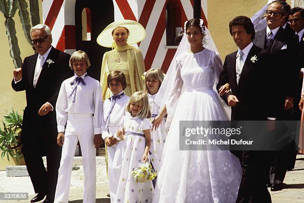 Prince Rainier III of Monaco waiting at the front of the palace for the wedding of his daughter Princess Caroline to Philippe Junot on June 28 in...