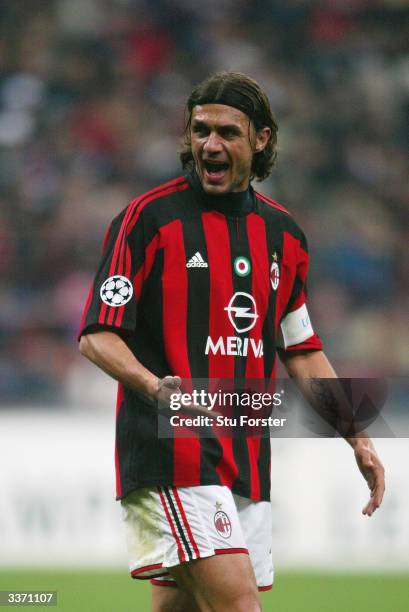 Paolo Maldini of AC Milan in action during the UEFA Champions League Quarter Final, First Leg match between AC Milan and Deportivo La Coruna held on...