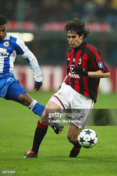 Kaka of AC Milan runs with the ball during the UEFA Champions League Quarter Final, First Leg match between AC Milan and Deportivo La Coruna held on...