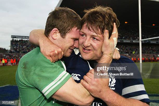 Gordon D'Arcy and Shane Byrne celebrate Ireland's first Triple Crown since 1985 after the RBS Six Nations match between Ireland and Scotland held on...