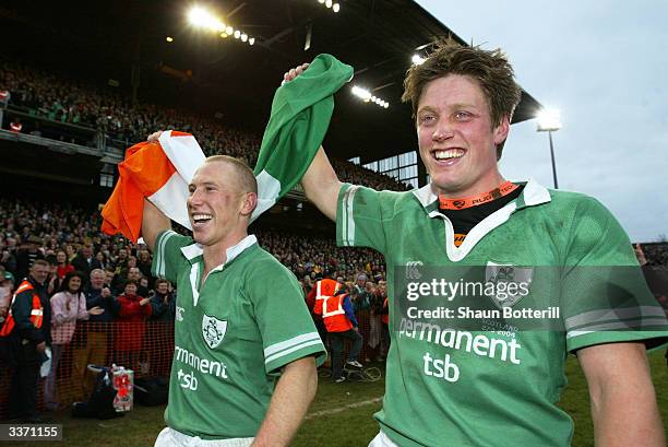 Peter Stringer and Ronan O'Gara celebrate Ireland's first Triple Crown since 1985 after the RBS Six Nations match between Ireland and Scotland held...