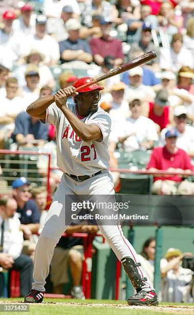 Right fielder Vladimir Guerrero of the Anaheim Angels at bat during the game against the Texas Rangers at the Ballpark in Arlington on April 9, 2004...