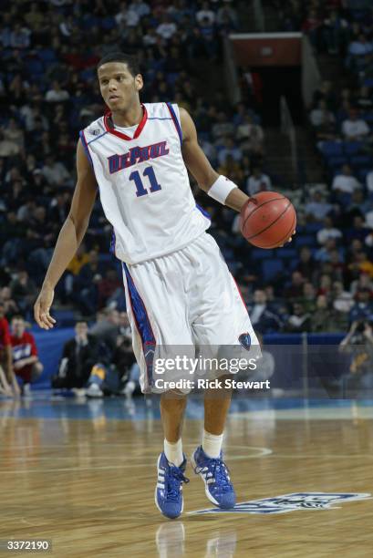 Sammy Mejia of the DePaul University Blue Demons moves the ball against the University of Dayton Flyers during the first round of the NCAA Mens...