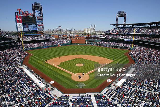 Fans enjoy a blue sky, yet windy day, as the Philadelphia Phillies host the Cincinnati Reds for MLB action at Citizens Bank Park on April 15, 2004 in...