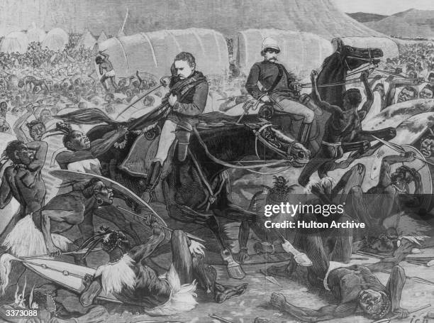 Lieutenants Melville and Coghill cutting through the Zulu army in a scene from the battle at Isandhlwana during the Zulu war where more than a...