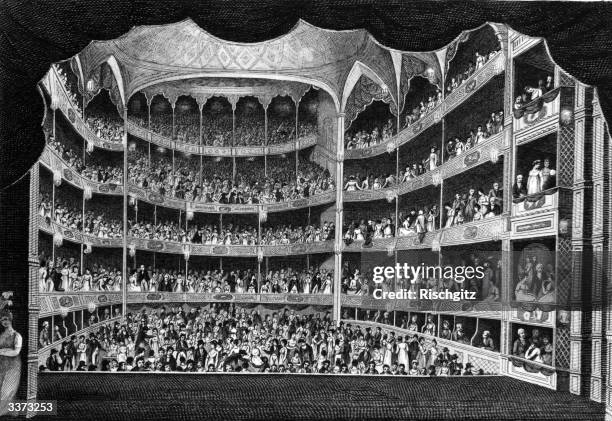 An engraving of Drury Lane Theatre from the stage during the performance.