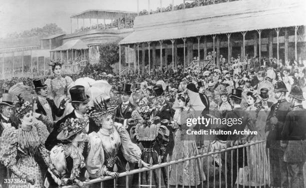 Painting by Arthur Hopkins of the enclosure at Ascot in Berkshire before the Gold Cup horserace.