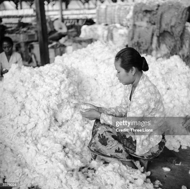 Worker at a textile factory in Bandung, Indonesia prepares to spin raw cotton into skeins of yarn. Some of the cotton is grown locally, and the rest...