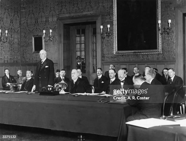 British diplomat and former prime minister Arthur Balfour addressing the first meeting of the Council of the League of Nations in Geneva, November...