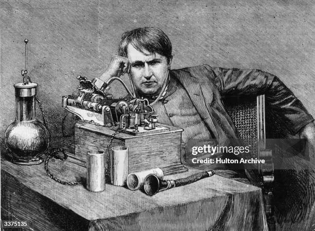 American inventor Thomas Alva Edison receives the first phonogram from England in his laboratory. His research greatly increased the efficiency of...