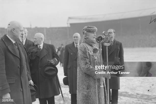 Winston Churchill's wife Clementine addresses the crowds at an England V Scotland International Soccer Match at Wembley, London. The match is in aid...