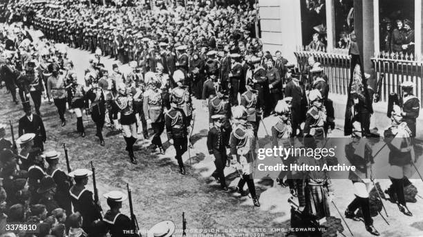 The funeral procession of King Edward VII as it passes through Windsor. Royal mourners include Kaiser Wilhelm II of Germany and Prussia, to his left...