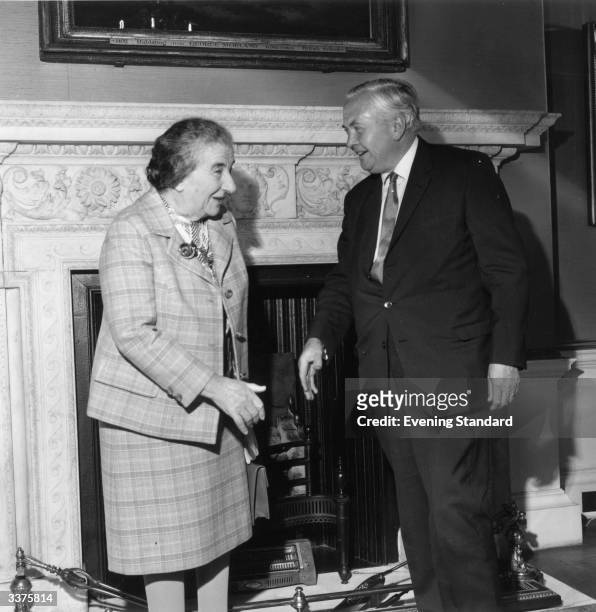 Golda Meir Israeli premier from 1969 to 1974, and founder of the state of Israel. She is with Harold Wilson , the British prime minister.