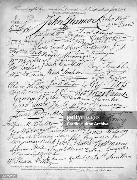 The signatures on the Declaration of Independence, a document in which American colonists proclaimed their political separation from British rule.