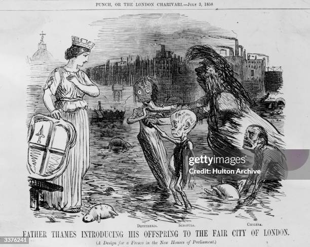 Satirical cartoon showing the River Thames and its offspring cholera, scrofula and diptheria.