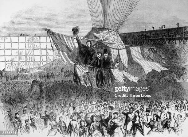 Famous aeronaut Professor Lowe, waving his hat, conducts bridal party balloon trip, from Lowe's Amphitheatre in Central Park, New York City, with the...