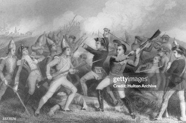 Soldiers fighting in the Battle of Bennington during the American War of Independence.
