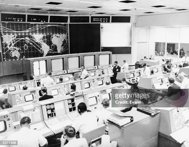 Nasa's Mission Control room, Houston, Texas in operation during the second day of the Gemini V spaceflight.