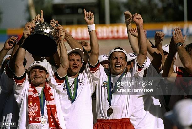 General view of the Chicago Fire celebrating following the 1998 MLS Cup Game against the DC United at the Rose Bowl in Pasadena, California. The Fire...