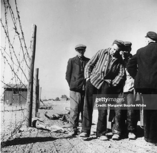 Inmates of the Number Three Erla Work Camp near Magdeburg walking by the perimeter fence seemingly oblivious to the bodies of fellow inmates...
