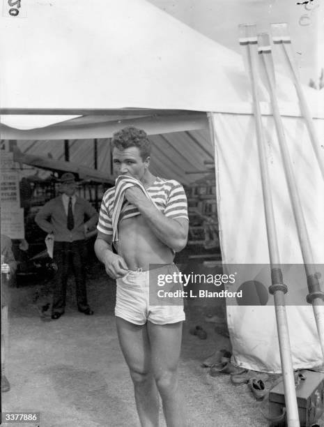 Yugoslavian rower, P Vlasic, after a heat of the Diamond Challenge Culls, during the Henley Regatta.