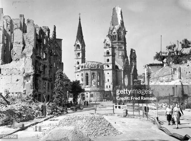 The ruins of the famous Tauenzien Strasse and the Kaiser Wilhelm Memorial Church in Berlin, following Hitler's defeat in World War II.