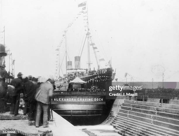 Crowds at the opening of the Alexandra Graving Dock, Belfast, Ireland. HRH Prince Albert Victor opened the dock on board the Teutonic.